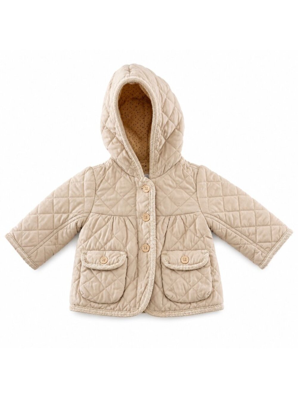 BabyGap Quilted Hooded Jacket Beige 12-18M With Front Button Closure & Pockets